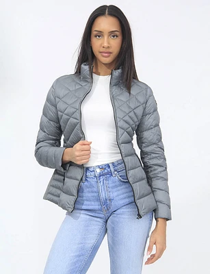 Vegan Slim Fit Lightweight Multi-Quilt Design Short Hooded Puffer Jacket by Saki