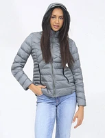 Vegan Slim Fit Lightweight Multi-Quilt Design Short Hooded Puffer Jacket by Saki