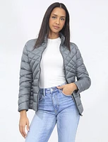 Vegan Slim Fit Lightweight Multi-Quilt Design Short Hooded Puffer Jacket by Saki