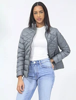 Vegan Slim Fit Lightweight Multi-Quilt Design Short Hooded Puffer Jacket by Saki