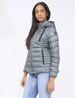 Vegan Slim Fit Lightweight Multi-Quilt Design Short Hooded Puffer Jacket by Saki