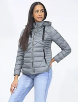 Vegan Slim Fit Lightweight Multi-Quilt Design Short Hooded Puffer Jacket by Saki