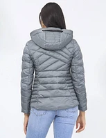 Vegan Slim Fit Lightweight Multi-Quilt Design Short Hooded Puffer Jacket by Saki