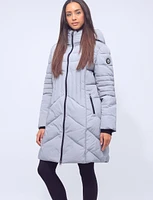 Charly Vegan Long Slim Fit Zip Front Polyloft Pillow Hooded Puffer Coat by Saki