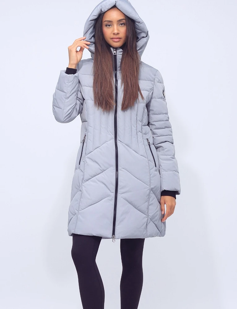 Charly Vegan Long Slim Fit Zip Front Polyloft Pillow Hooded Puffer Coat by Saki