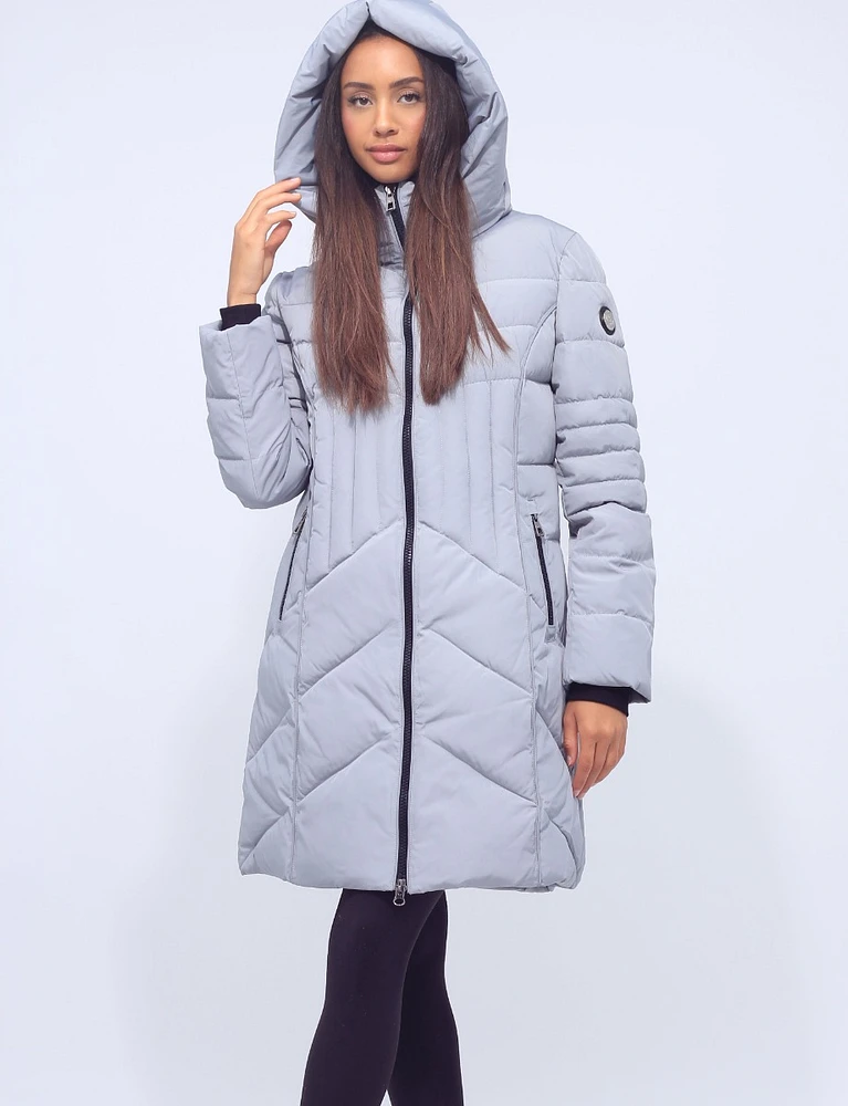 Charly Vegan Long Slim Fit Zip Front Polyloft Pillow Hooded Puffer Coat by Saki