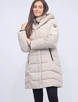 Monte Vegan Long Quilted Cire Coat with Inner Zip-Up Bib and Pillow Hood by Saki