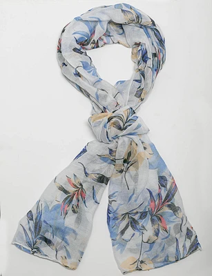 Elegant Blue Floral Patterned Versatile Sheer Oblong Scarf Shawl Wrap