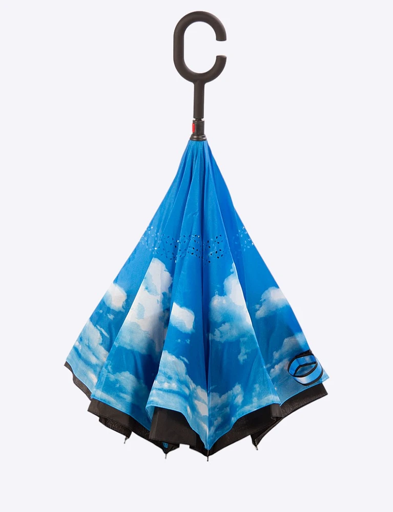 Versatile Upside-Down Blue Umbrella With Cloud Prints By Up-Brella