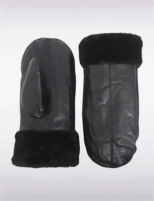 Plush-lined Faux Leather Mittens With Faux Fur Cuffs by Saki