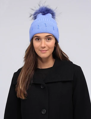 Knit Beanie with detachable Genuine Fur Pom Pom by Saki