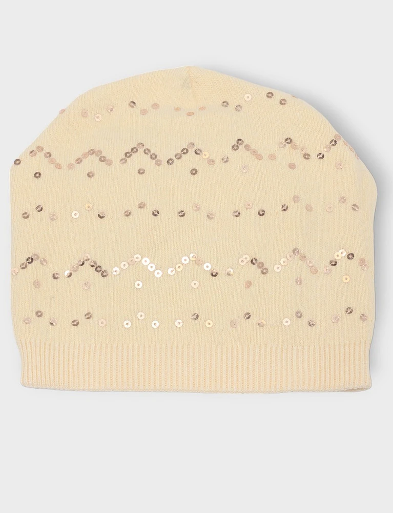 Fitted Knit Beanie with Zig Zag Sequins by Saki