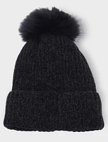 Chenille Ribbed Knit Beanie with Detachable Fox Fur Pom by Saki