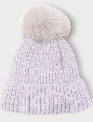 Chenille Ribbed Knit Beanie with Detachable Fox Fur Pom by Saki