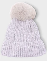 Chenille Ribbed Knit Beanie with Detachable Fox Fur Pom by Saki