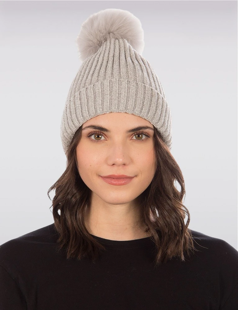 Chenille Ribbed Knit Beanie with Detachable Genuine Fur Pompom by Saki