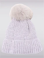 Chenille Ribbed Knit Beanie with Detachable Genuine Fur Pompom by Saki