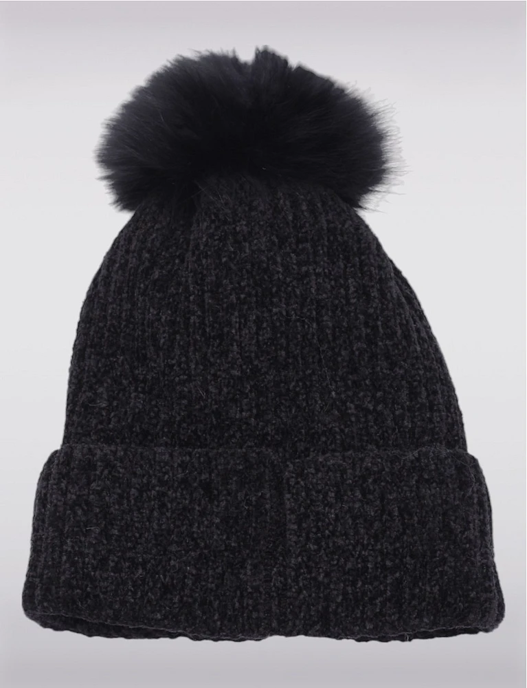 Chenille Ribbed Knit Beanie with Detachable Genuine Fur Pompom by Saki