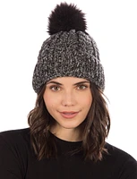 Cable Knit Beanie With Faux Fur Pom By Saki