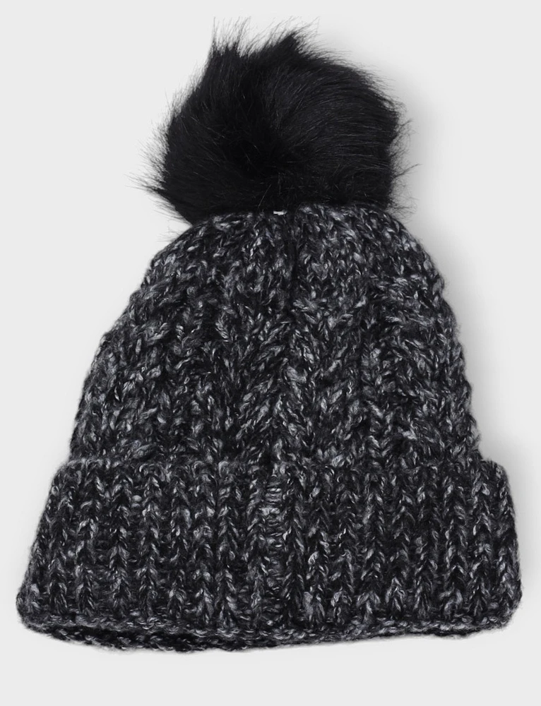 Cable Knit Beanie With Faux Fur Pom By Saki