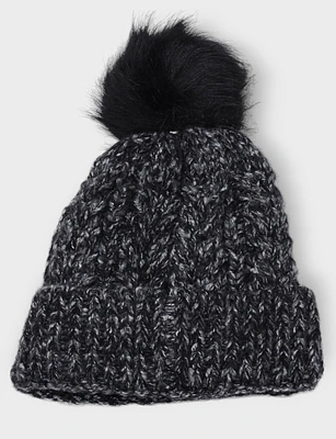 Cable Knit Beanie With Faux Fur Pom By Saki