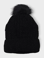 Solid Chunky Cable Knit Faux Fur Pom-pom and Fleece Lined Beanie by Saki