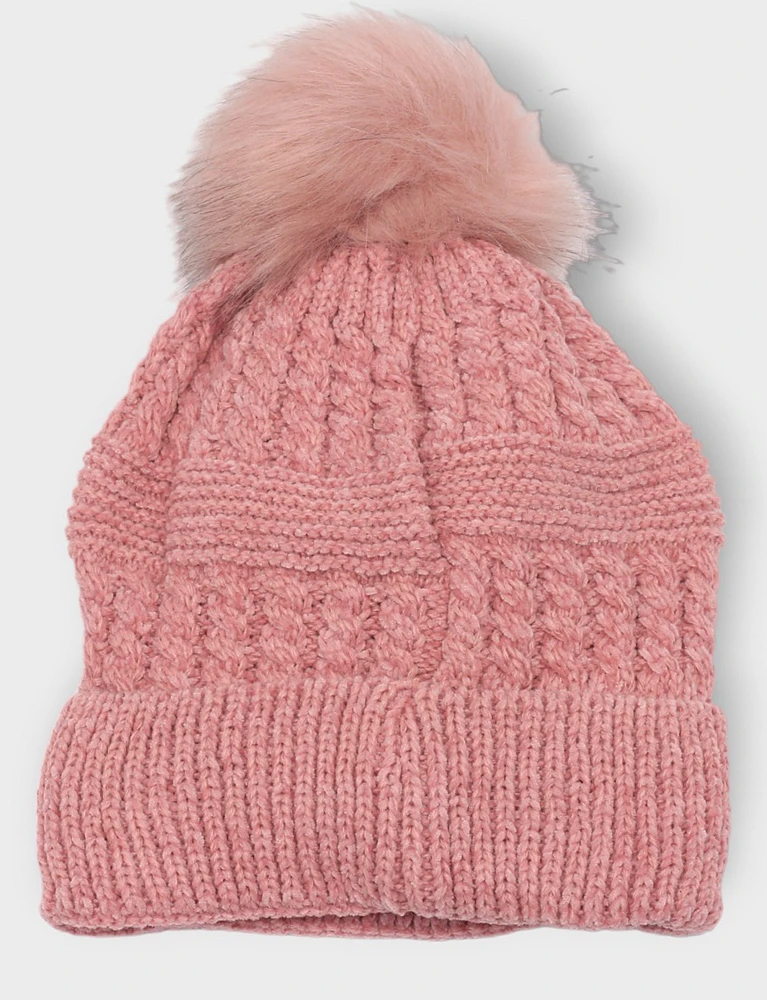 Solid Chunky Cable Knit Faux Fur Pom-pom and Fleece Lined Beanie by Saki