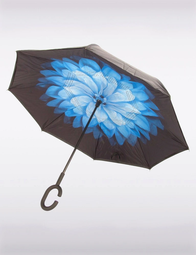 Versatile Reversible Umbrella with a Centered Blue Flower Pattern