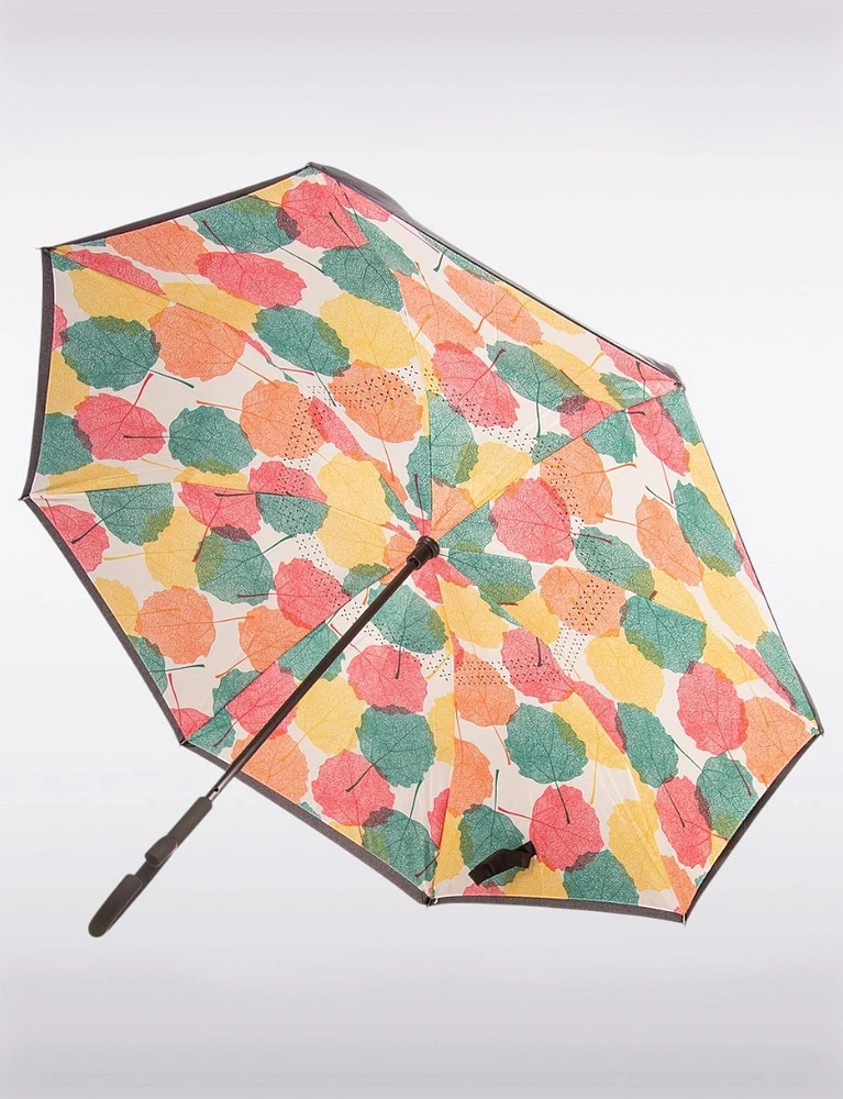 Versatile All-Season Reversible Umbrella with a Multicolor Leaves Pattern