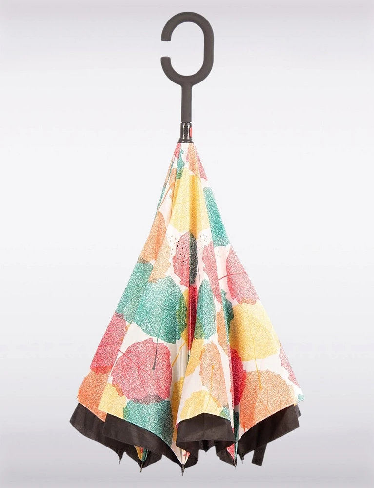 Versatile All-Season Reversible Umbrella with a Multicolor Leaves Pattern