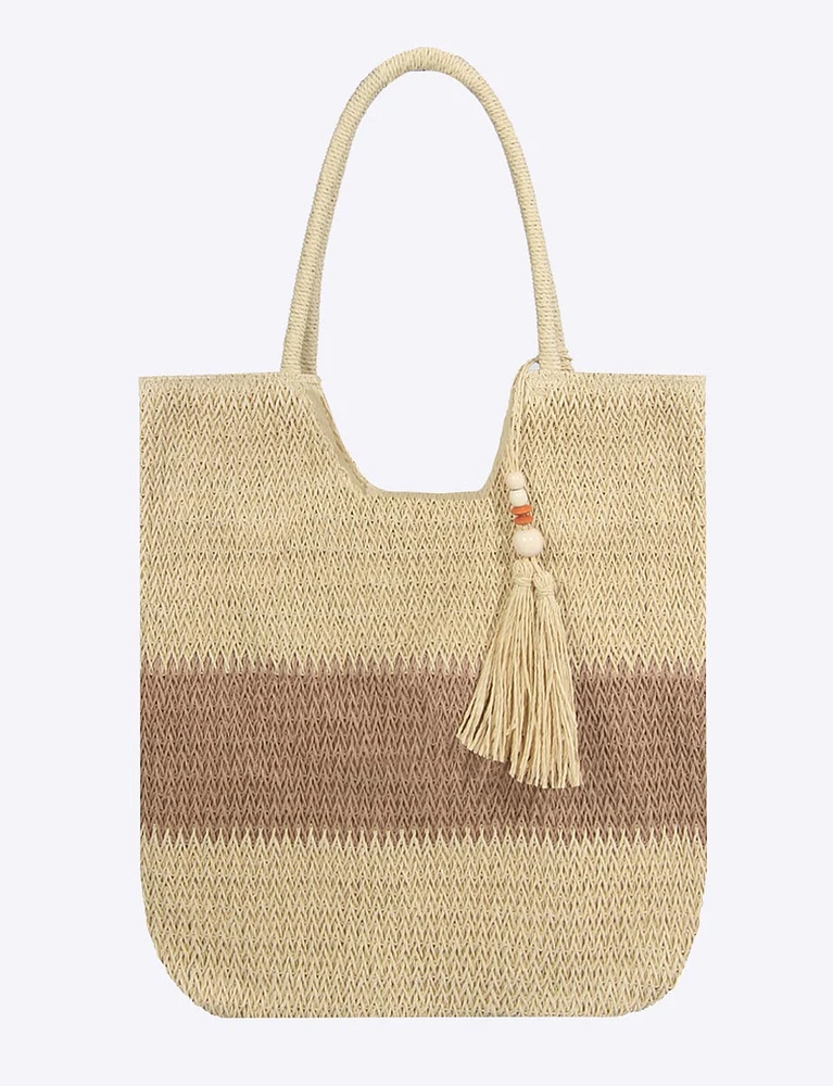 Two-Tone Woven Straw tassel zipped lined inside pocket Tote Bag