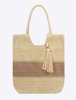 Two-Tone Woven Straw tassel zipped lined inside pocket Tote Bag