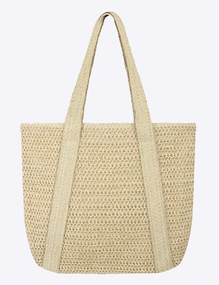 Large Summer Woven Straw Lined Interior Inside Pocket Zipper Closure Tote Bag