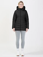 Sleek Long Hooded Packable Ultralight Eco-down Vegan Puffer Jacket by Point Zero