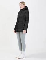 Sleek Long Hooded Packable Ultralight Eco-down Vegan Puffer Jacket by Point Zero