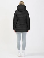 Sleek Long Hooded Packable Ultralight Eco-down Vegan Puffer Jacket by Point Zero