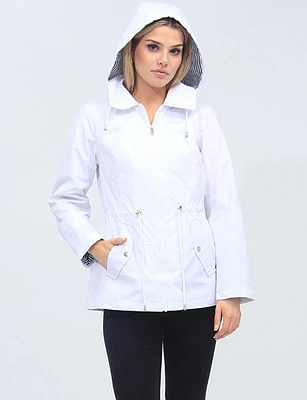 Cinched Adjustable Drawstring Waist Hooded Rain Tech Jacket by Details