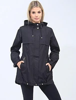 Vegan Elastic Cinched Waist Rain Tech Hooded Jacket by Details