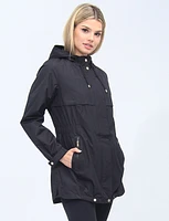 Vegan Elastic Cinched Waist Rain Tech Hooded Jacket by Details