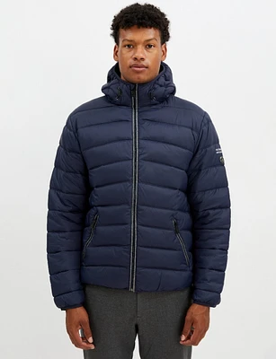 Men's Navy Packable Ultralight Hooded Vegan Puffer Jacket by Point Zero