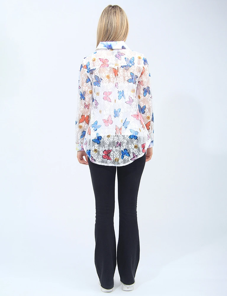Sheer Floral and Butterfly Print Button-Front Lace Back Shirt by Adore