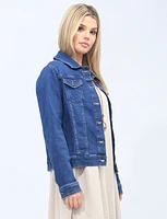 Chic Denim Trucker Jacket With Patch Pockets By Dash Clothing