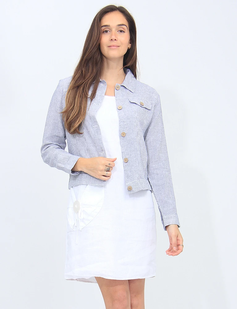 Linen Blend Trucker Jacket With Patch Pockets By Dash Clothing