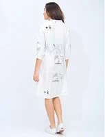 Black and White Abstract Printed Sleeve Long Shirt Dress by Radzoli