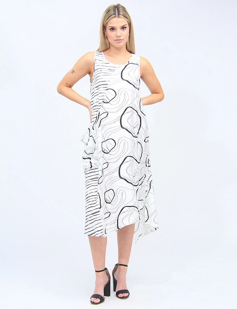 Sleeveless Patchwork Abstract Printed A-Line Dress Large Pocket by Radzoli