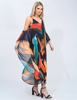 Cold Shoulder Chiffon Colourful Abstract Lined V-neck Long Dress by Radzoli