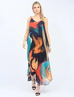 Cold Shoulder Chiffon Colourful Abstract Lined V-neck Long Dress by Radzoli