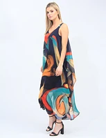 Cold Shoulder Chiffon Colourful Abstract Lined V-neck Long Dress by Radzoli