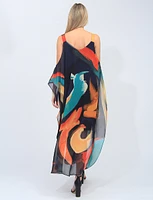 Cold Shoulder Chiffon Colourful Abstract Lined V-neck Long Dress by Radzoli