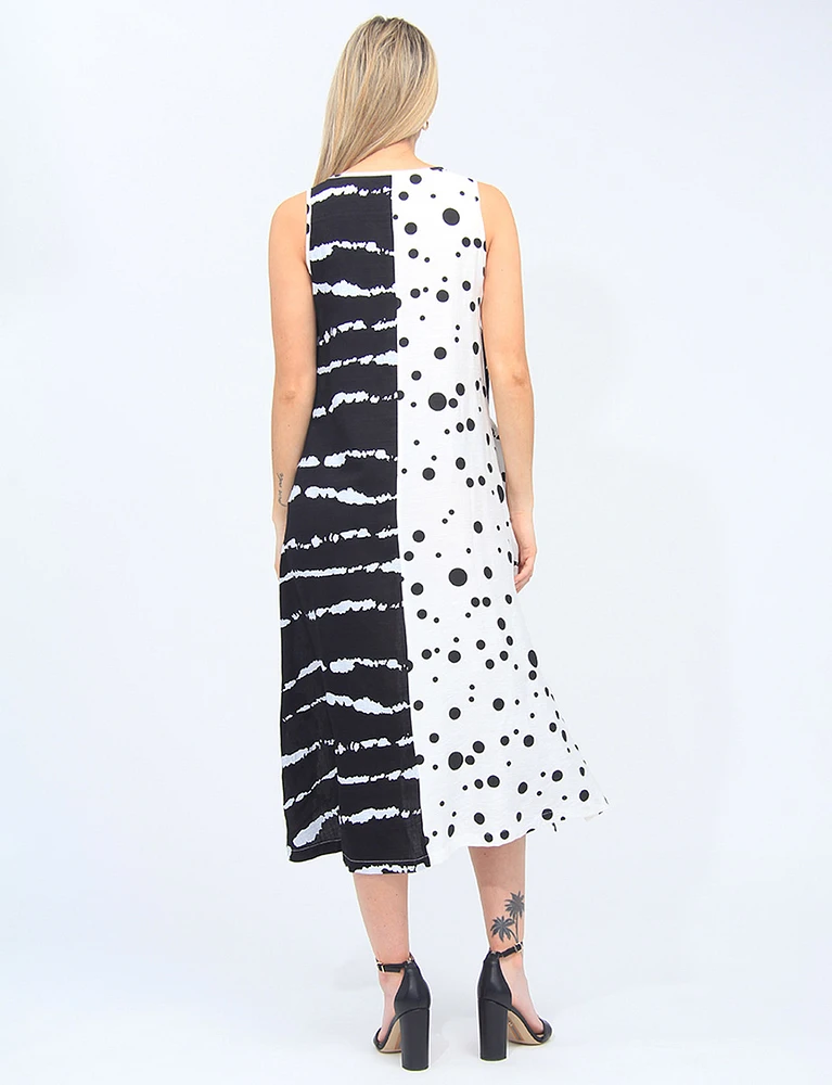 Patchwork Polka Dot and Stripe Dress with a Patch Pocket by Fashion Concepts